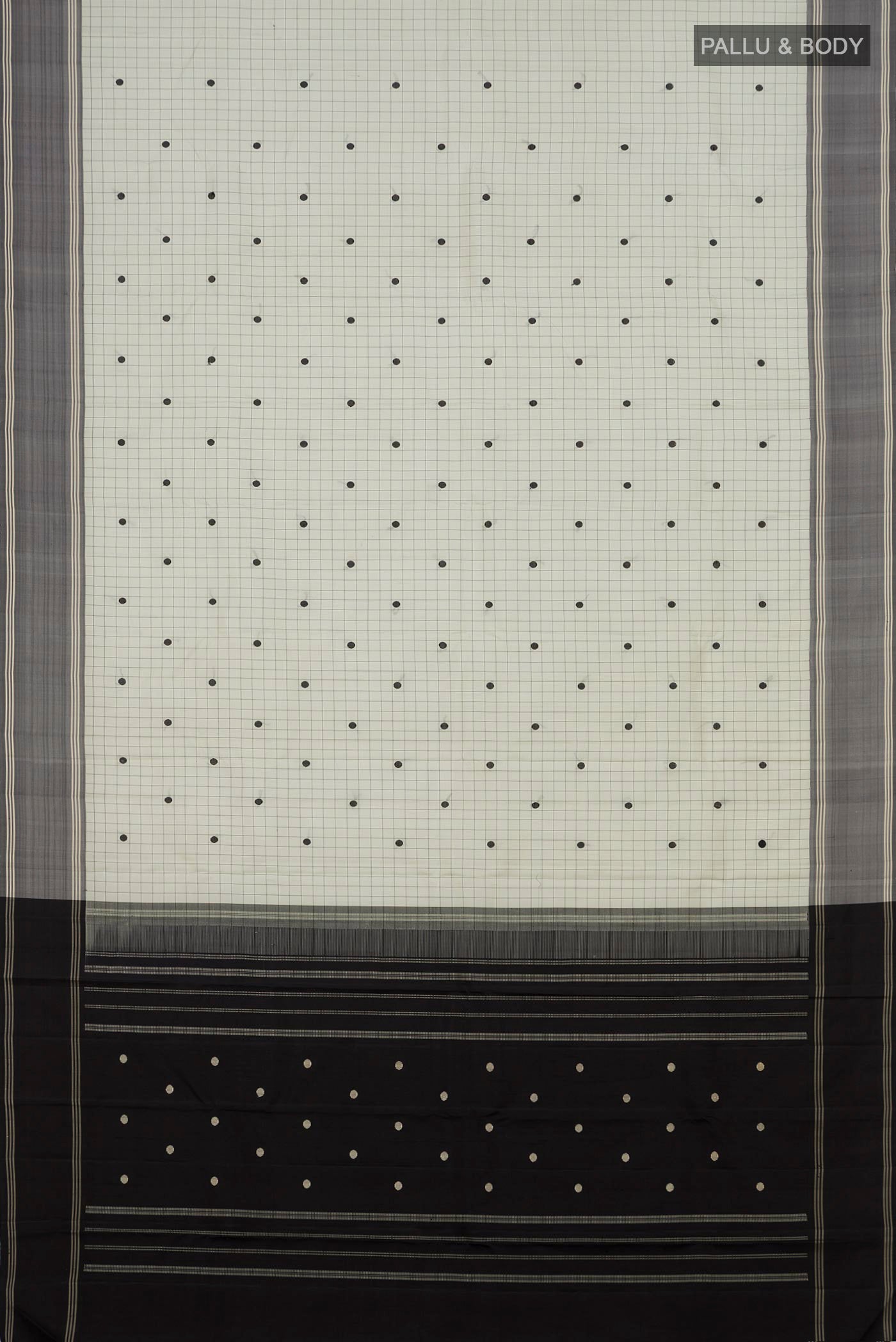 Flat view of Off White Kanchipuram Silk Saree with Checked design on the body and Plain Border. 