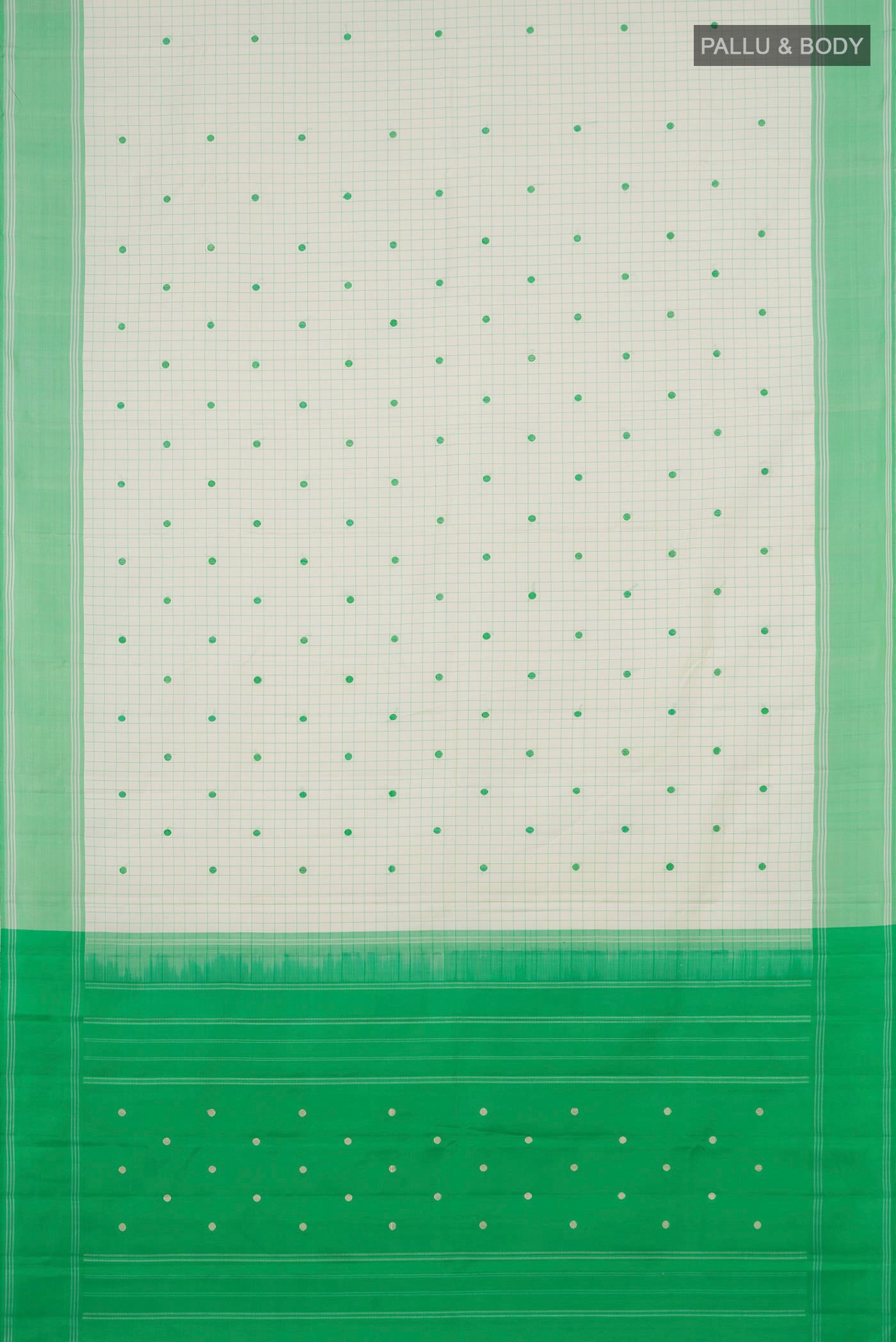 Flat view of Off White Kanchipuram Silk Saree with Checked design on the body and Plain Border. 
