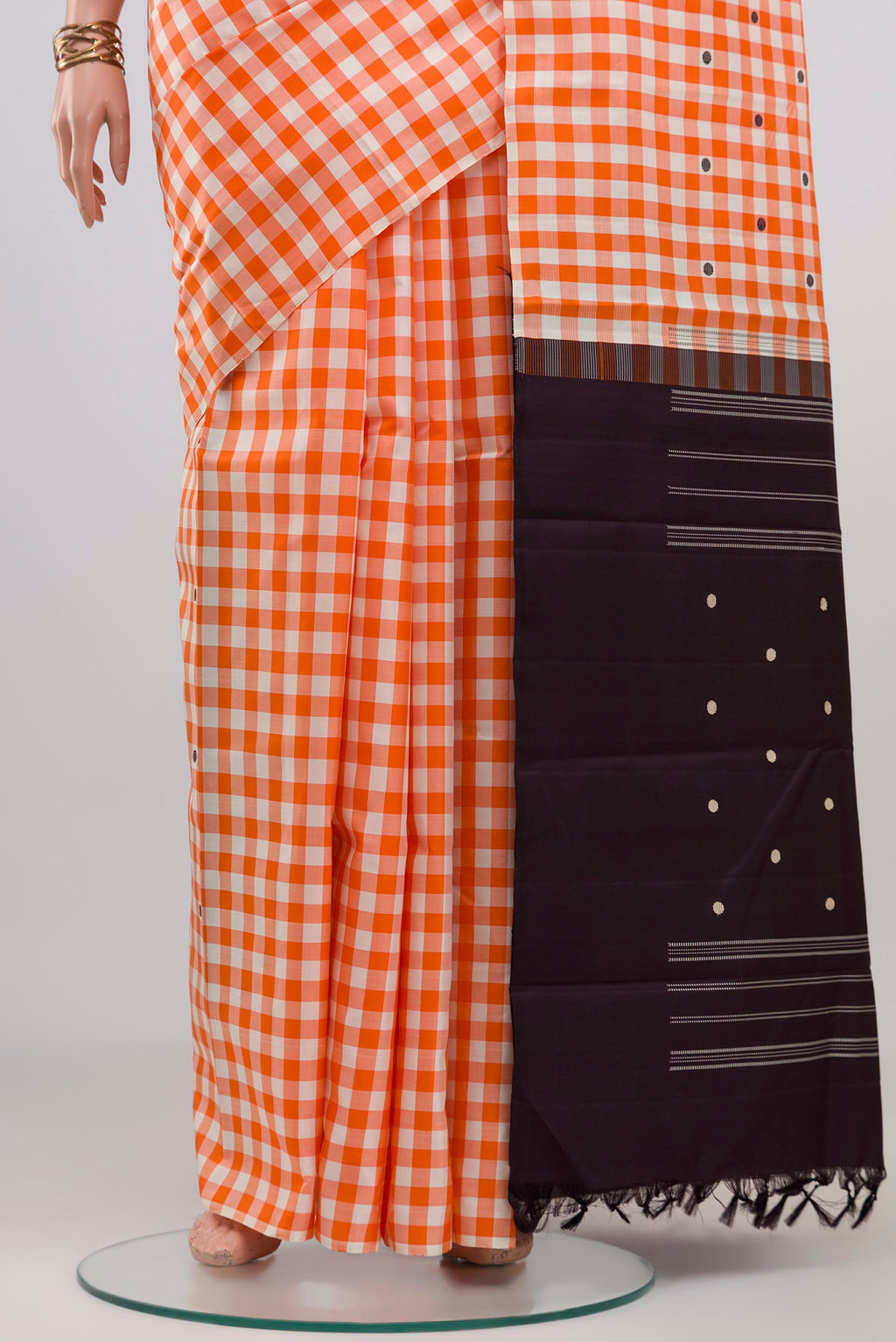 Pleats and pallu of Multi Color Kanjivaram Silk Saree with Checked design on the body and Without Border. 