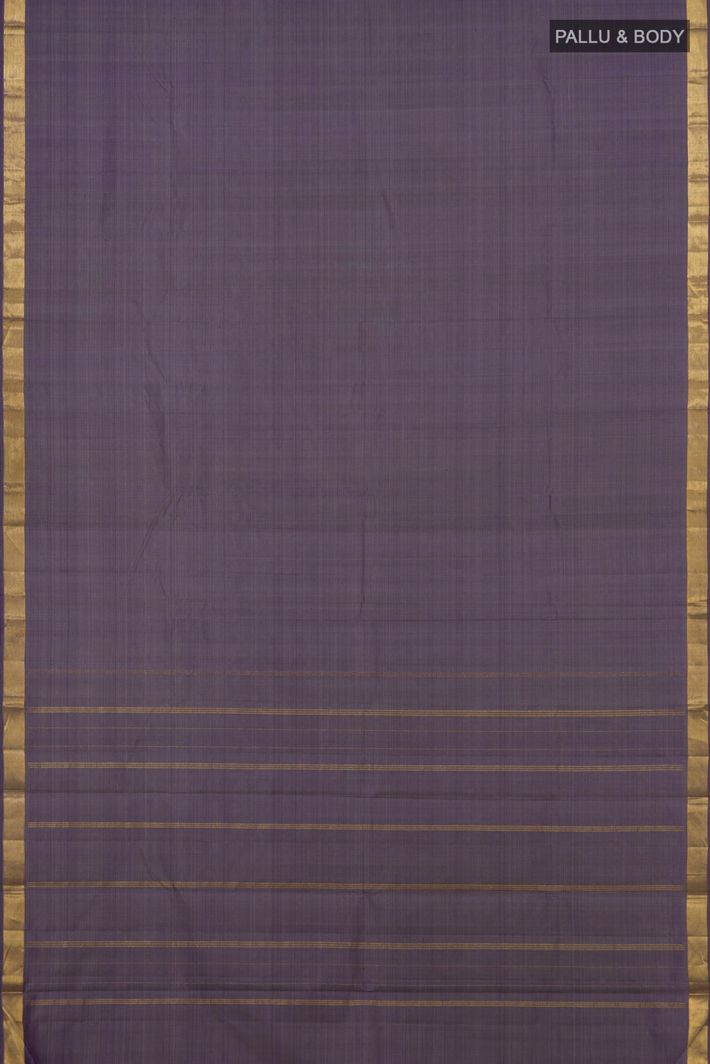 Flat view of Blue Grey Kanchipuram Silk Saree with Plain Body and Zari Border. 