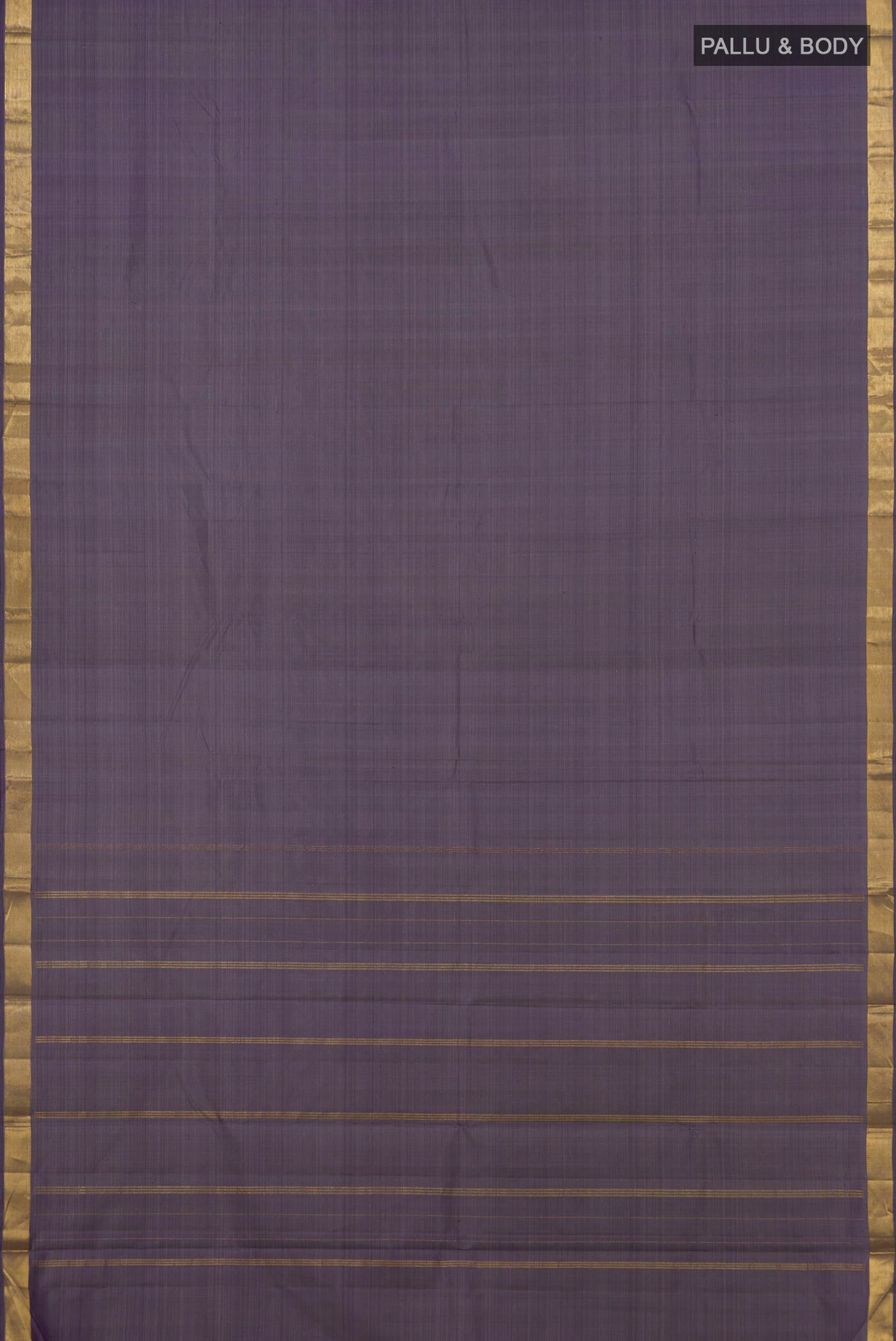 Flat view of Blue Grey Kanchipuram Silk Saree with Plain Body and Zari Border. 