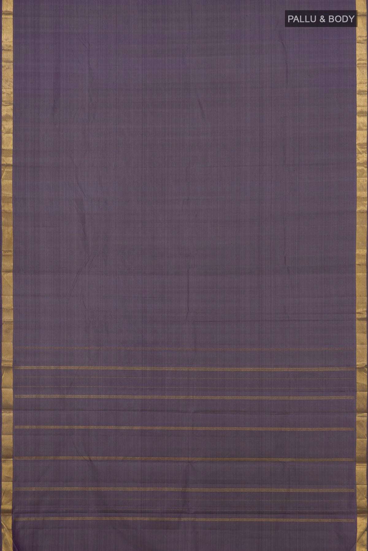Flat view of Blue Grey Kanchipuram Silk Saree with Plain Body and Zari Border. 