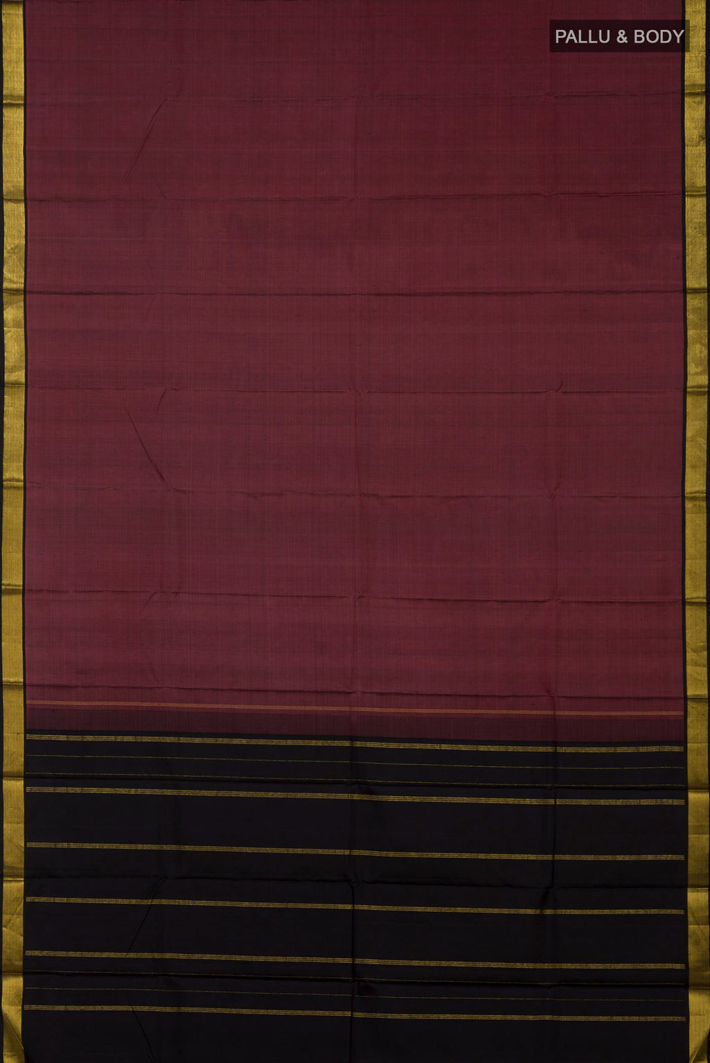 Flat view of Mauve Kanchipuram Silk Saree with Plain Body and Zari Border. 