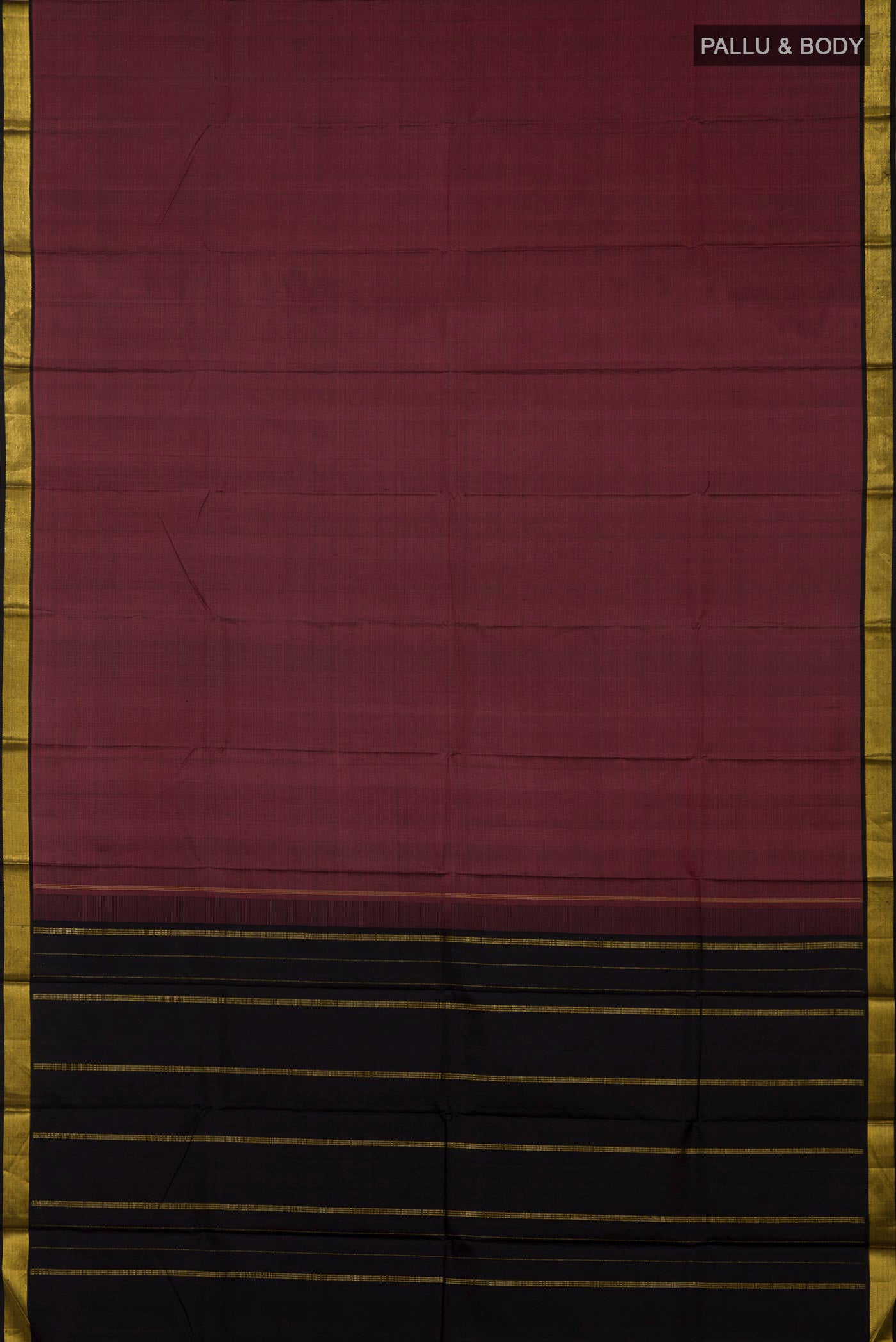 Flat view of Mauve Kanchipuram Silk Saree with Plain Body and Zari Border. 