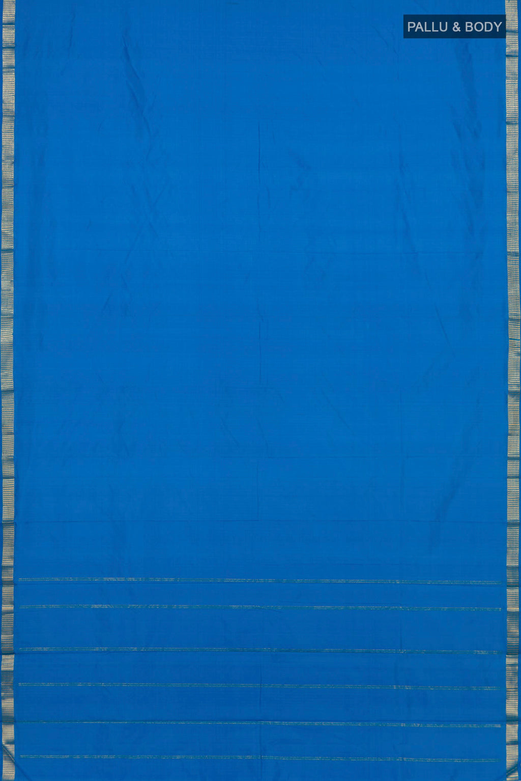Flat view of Pure Silk Blue Kanchipuram Saree with Plain Body and Zari Border. 