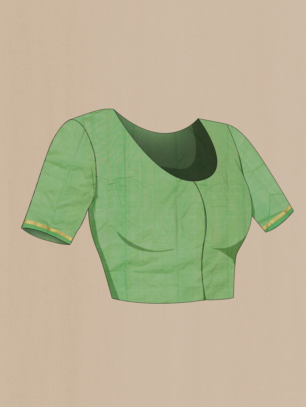 Close up image of the blouse of Pure Silk Green Kanchipuram Saree with Plain Body and Zari Border. 