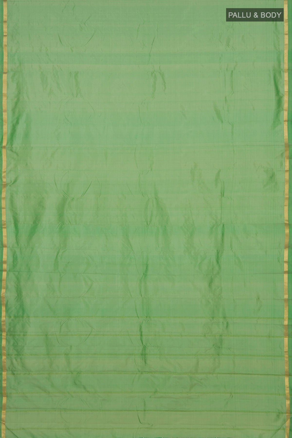 Flat view of Pure Silk Green Kanchipuram Saree with Plain Body and Zari Border. 