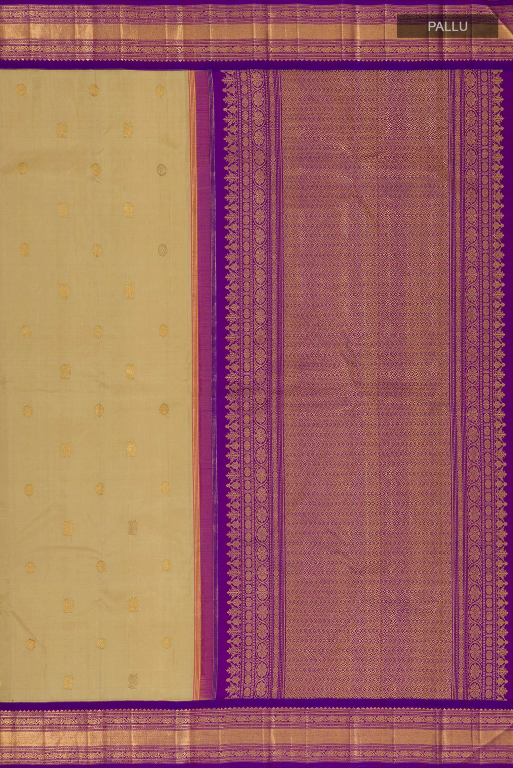 Close up image of the pallu of Pure Silk Pure Zari Sandal Kanchipuram Saree with Zari Butta on the body and Zari Border. 