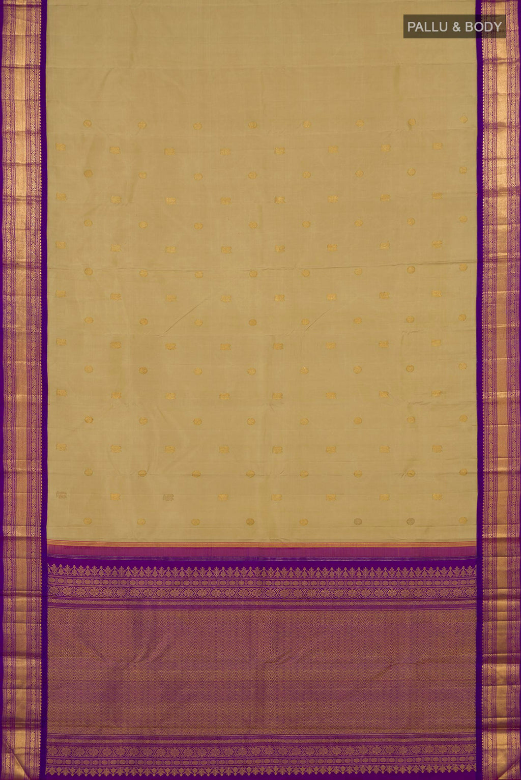 Flat view of Pure Silk Pure Zari Sandal Kanchipuram Saree with Zari Butta on the body and Zari Border. 