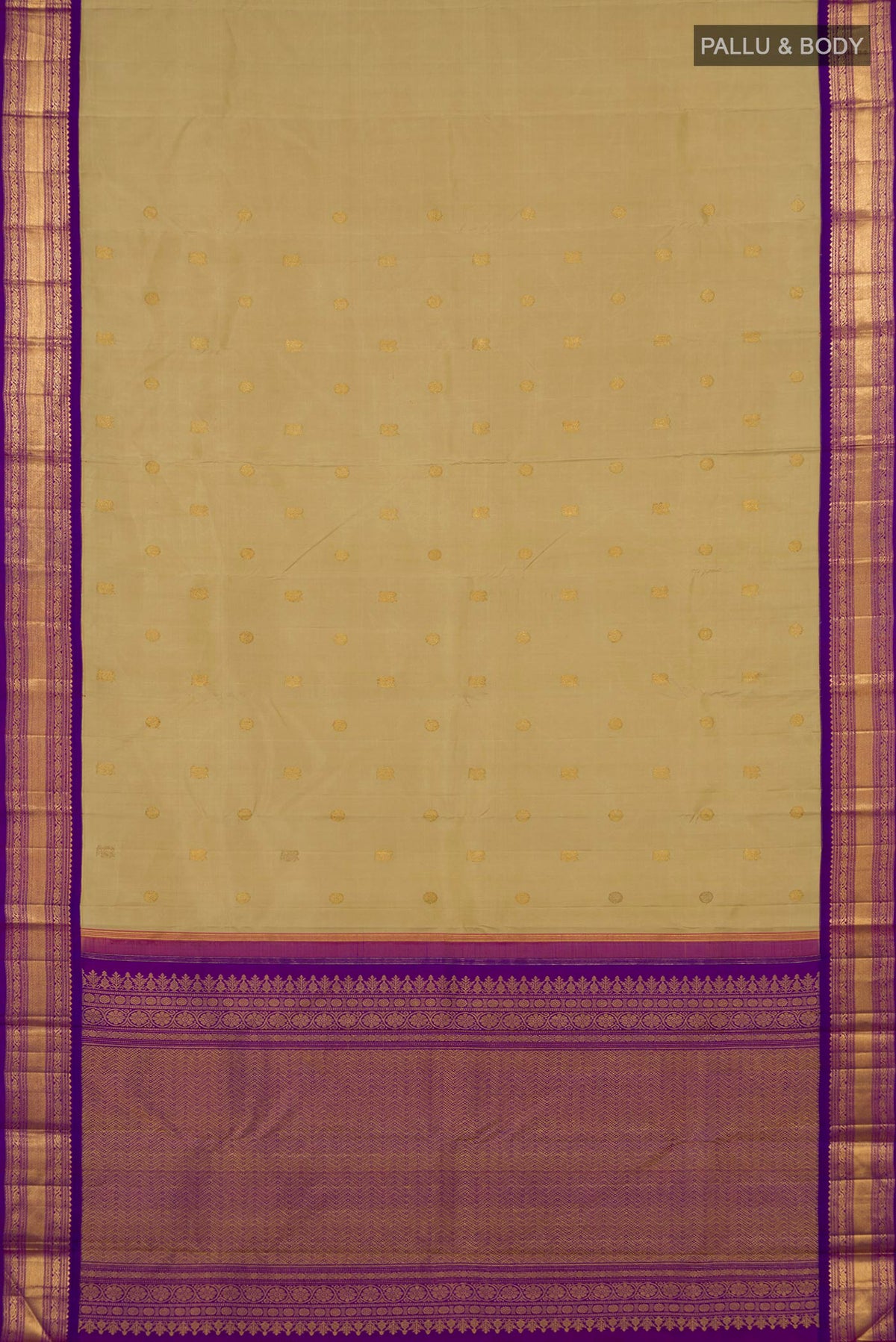 Flat view of Pure Silk Pure Zari Sandal Kanchipuram Saree with Zari Butta on the body and Zari Border. 