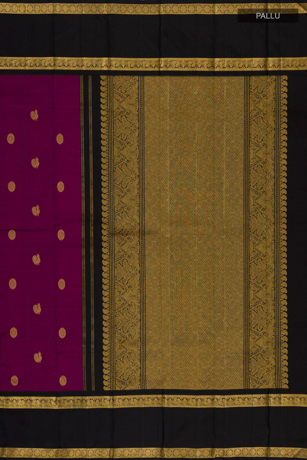 Close up image of the pallu of Pure Silk Magenta Kanchipuram Saree with Zari Butta on the body and Zari Border. 