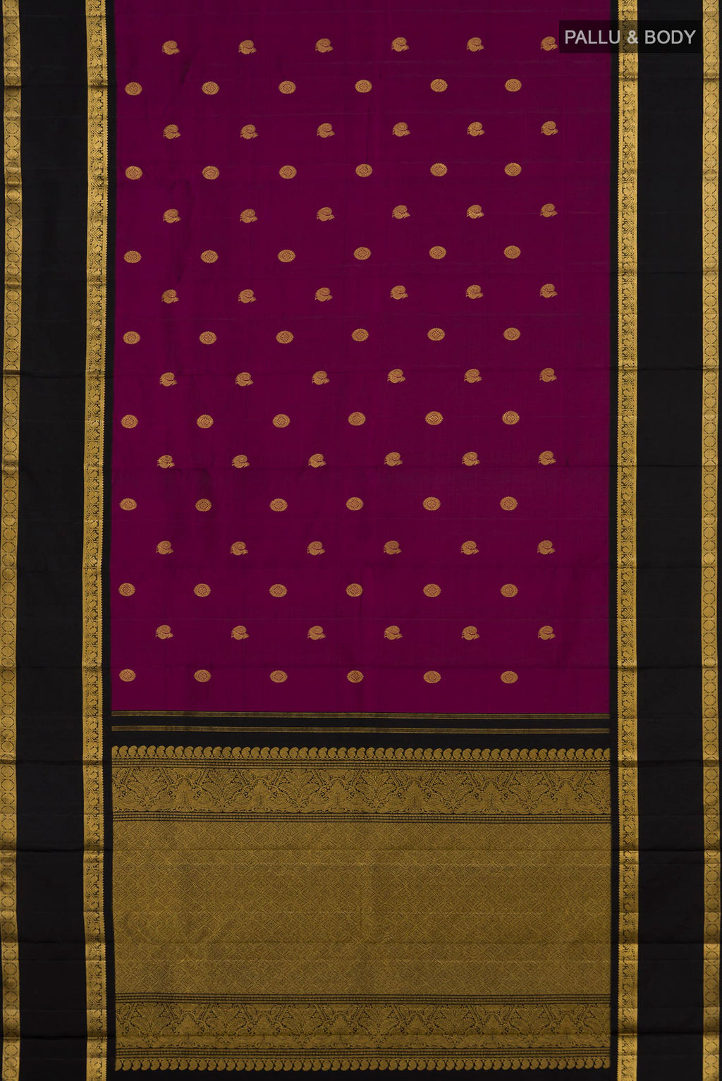 Flat view of Pure Silk Magenta Kanchipuram Saree with Zari Butta on the body and Zari Border. 