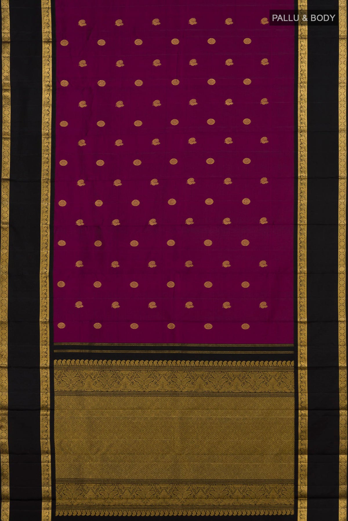 Flat view of Pure Silk Magenta Kanchipuram Saree with Zari Butta on the body and Zari Border. 