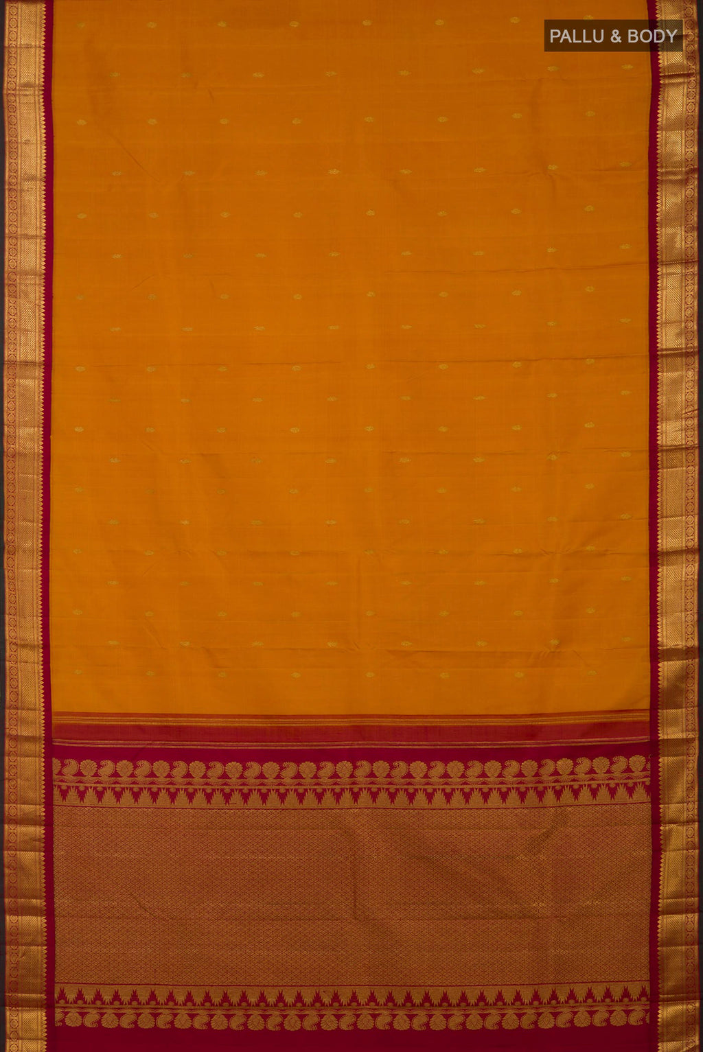 Flat view of Yellow Kanchipuram Silk Saree with Zari Butta on the body and Zari Border. 