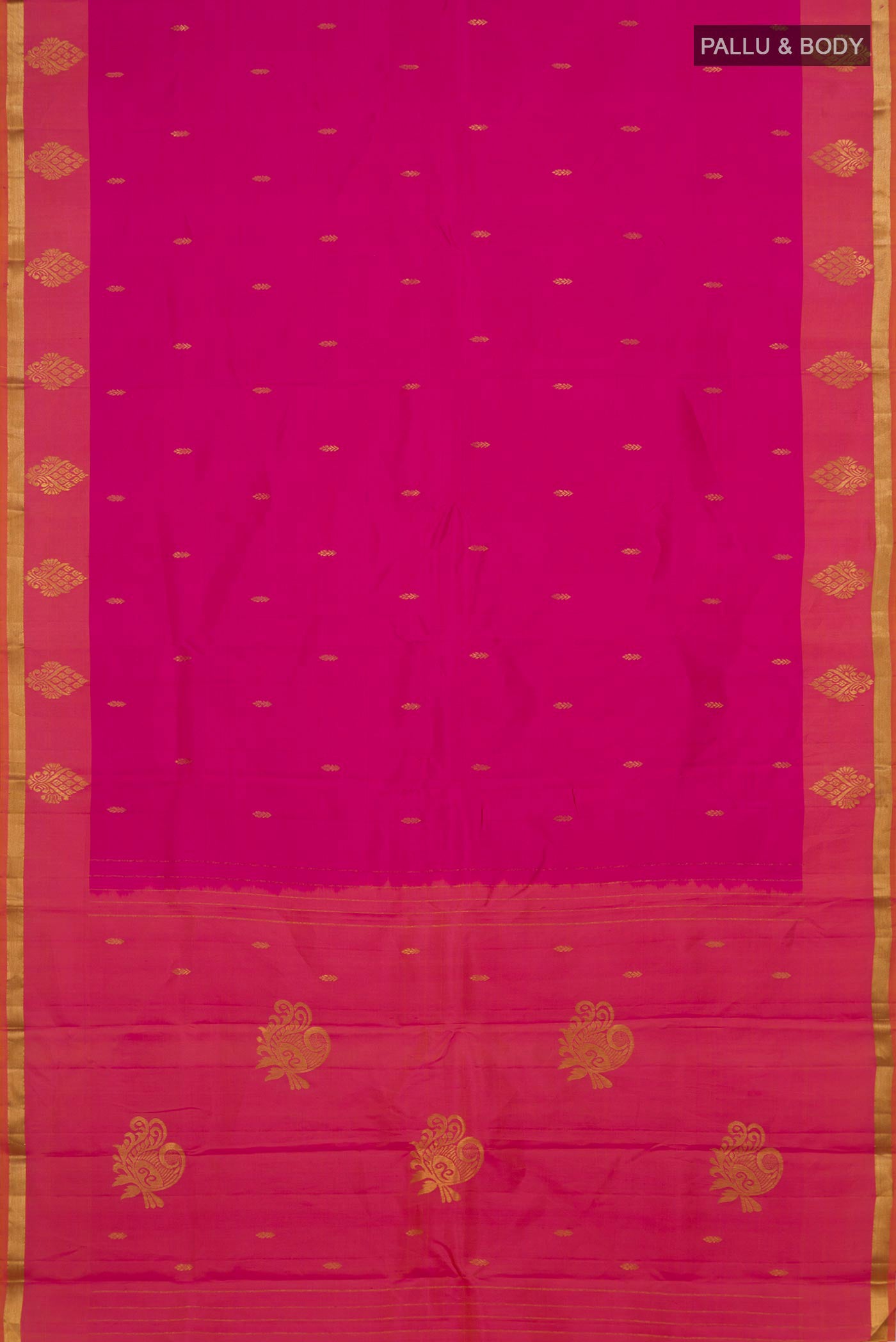 Flat view of Pink Kanchipuram Silk Saree with Zari Butta on the body and Zari Border. 