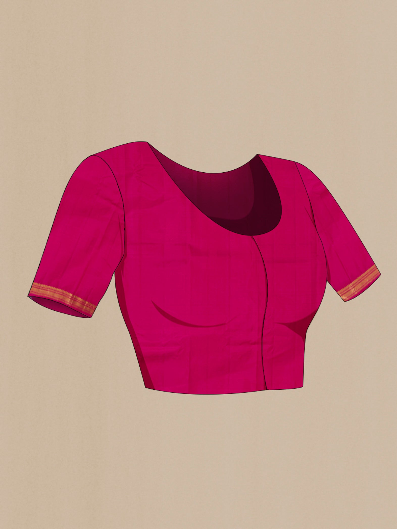 Close up image of the blouse of Purple Kanchipuram Silk Saree with Zari Butta on the body and Zari Border. 