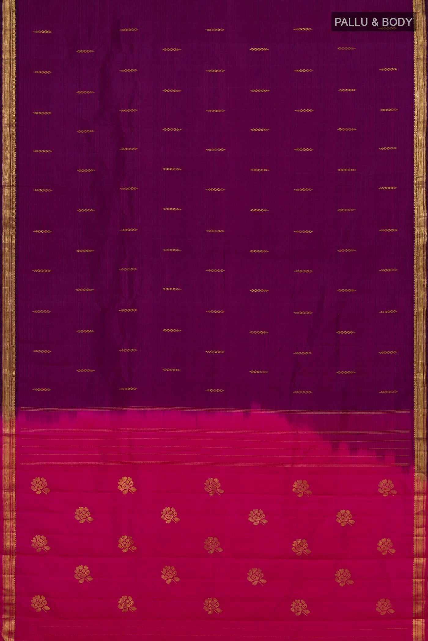 Flat view of Purple Kanchipuram Silk Saree with Zari Butta on the body and Zari Border. 