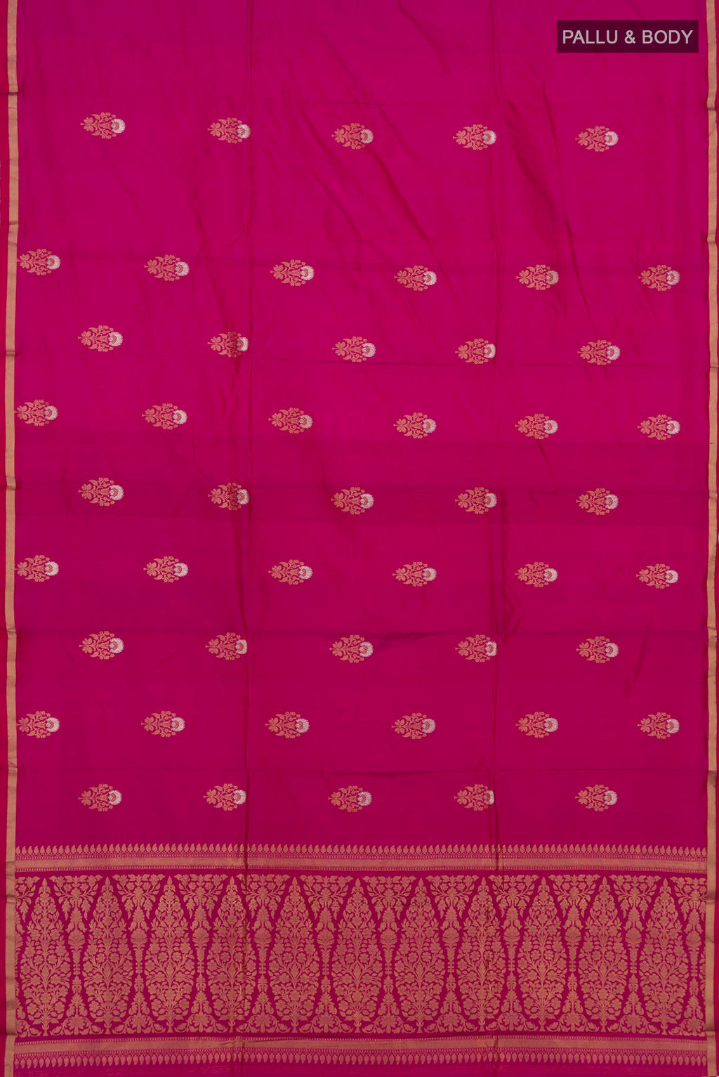 Flat view of Pure Silk Pink Banarasi Katan Saree with Zari Butta on the body and Thin Zari Line. 