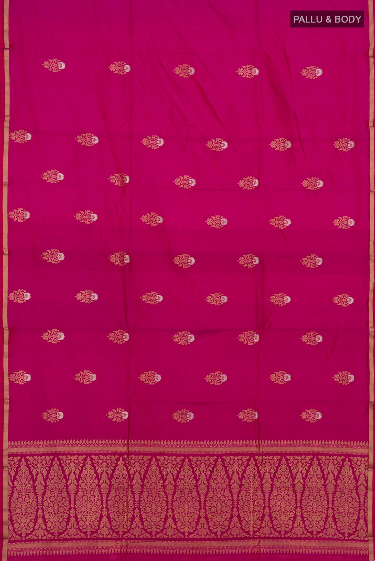 Flat view of Pure Silk Pink Banarasi Katan Saree with Zari Butta on the body and Thin Zari Line. 