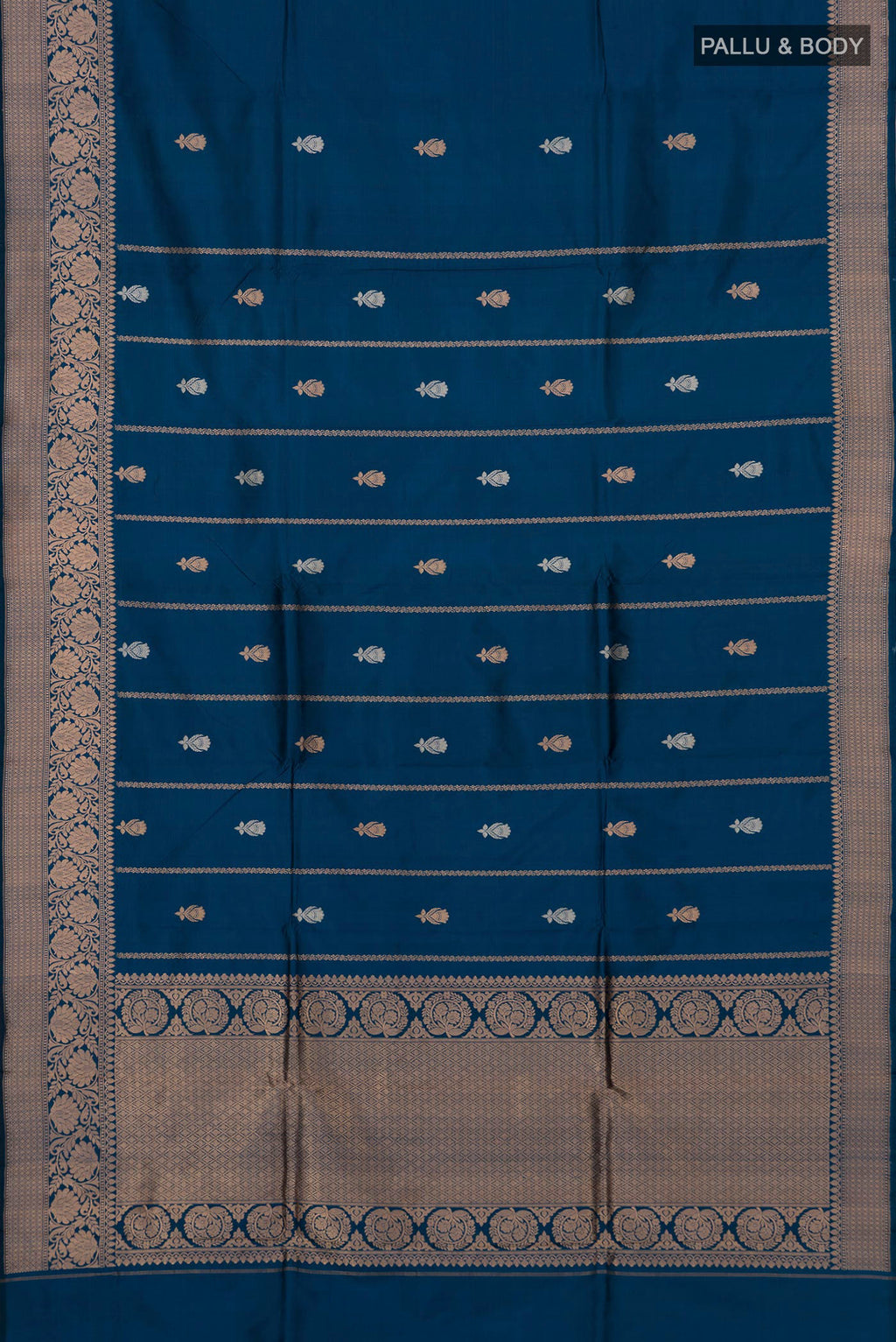 Flat view of Pure Silk Blue Banarasi Katan Saree with Zari Butta on the body and Zari Border. 