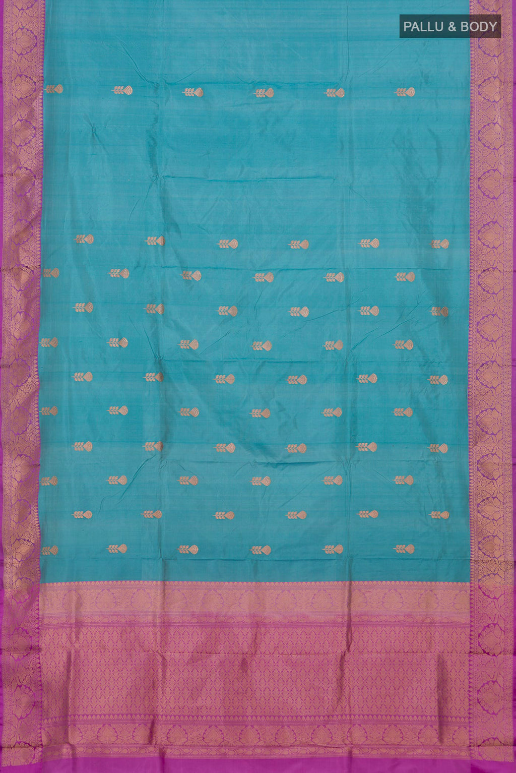 Flat view of Light Blue Banarasi Katan Silk Saree with Zari Butta on the body and Fancy Border. 