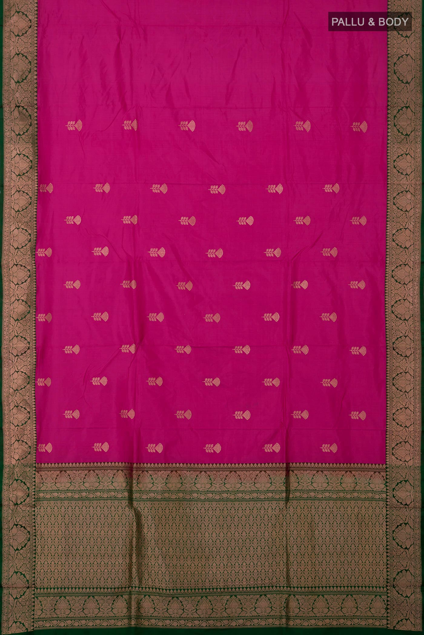 Flat view of Pink Banarasi Katan Silk Saree with Zari Butta on the body and Zari Border. 