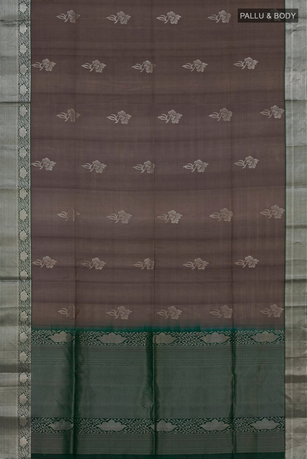 Flat view of Pure Silk Grey Soft Saree with Zari Butta on the body and Zari Border. 