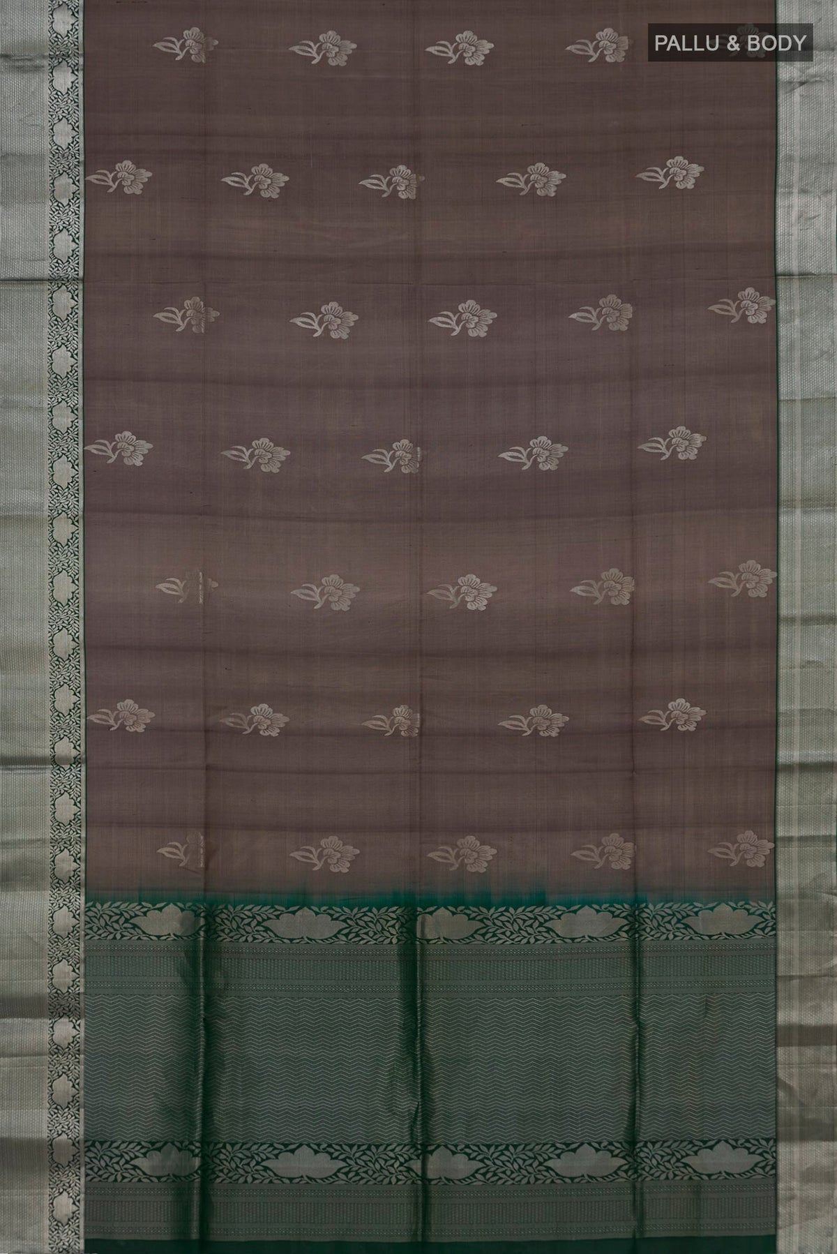 Flat view of Pure Silk Grey Soft Saree with Zari Butta on the body and Zari Border. 