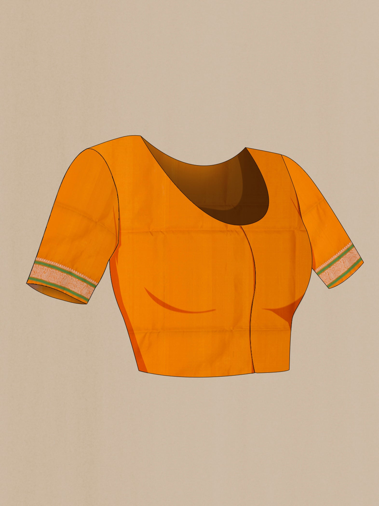 Close up image of the blouse of Peach Soft Silk Saree with Thread Butta on the body and Thread Border. 