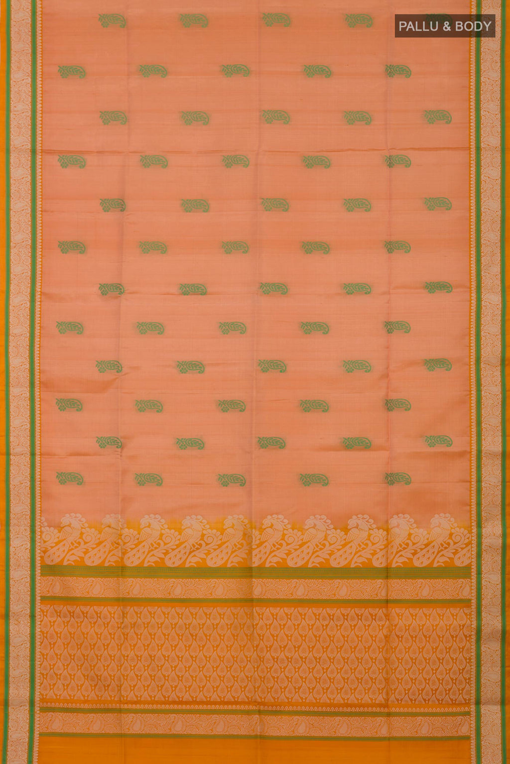 Flat view of Peach Soft Silk Saree with Thread Butta on the body and Thread Border. 