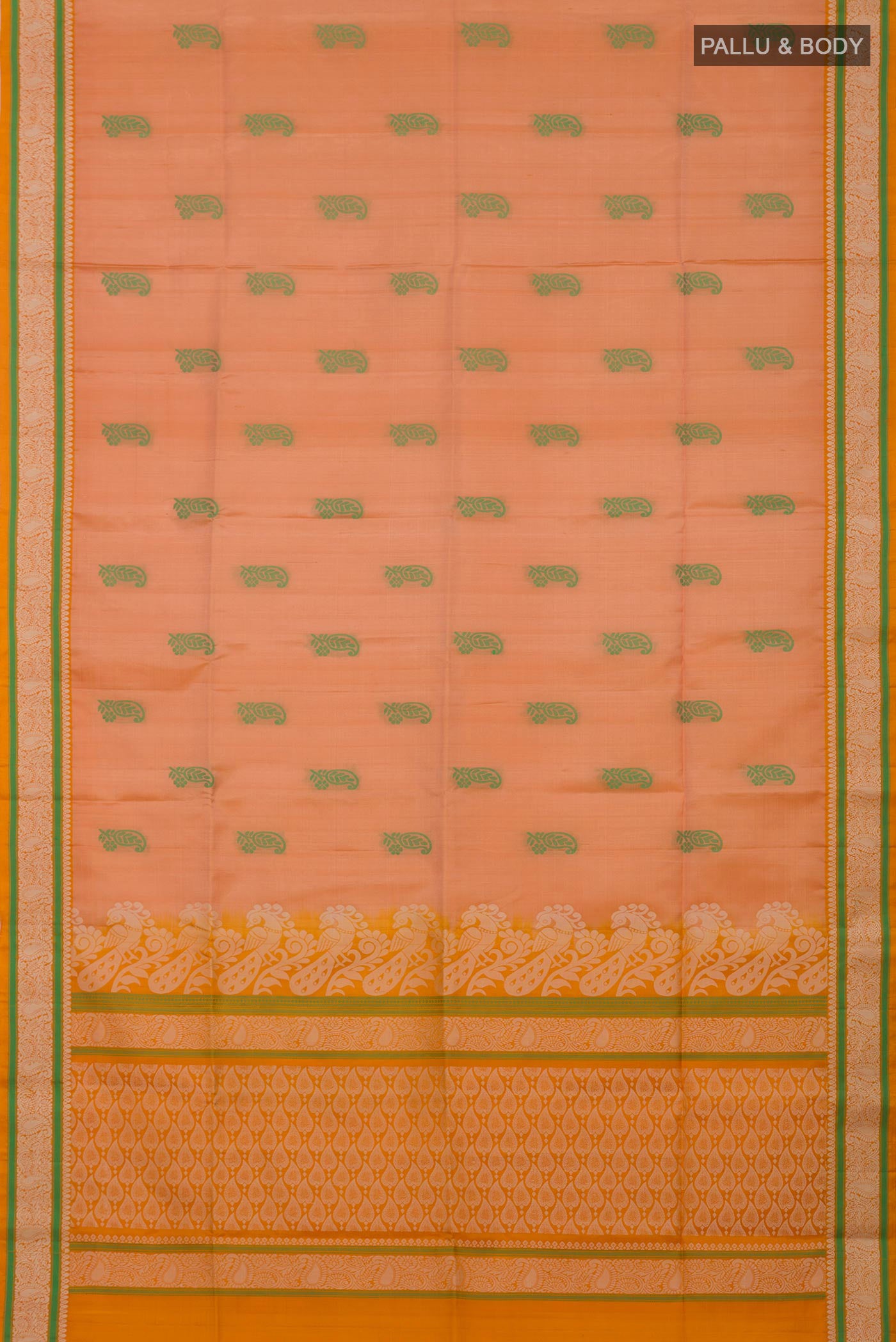 Flat view of Peach Soft Silk Saree with Thread Butta on the body and Thread Border. 