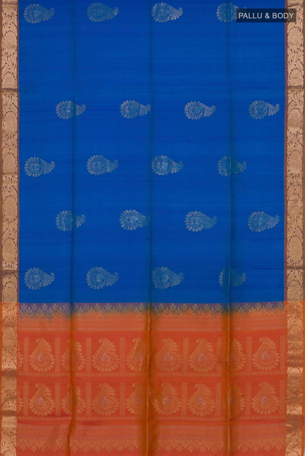 Flat view of Pure Silk Blue Soft Saree with Zari Butta on the body and Zari Border. 