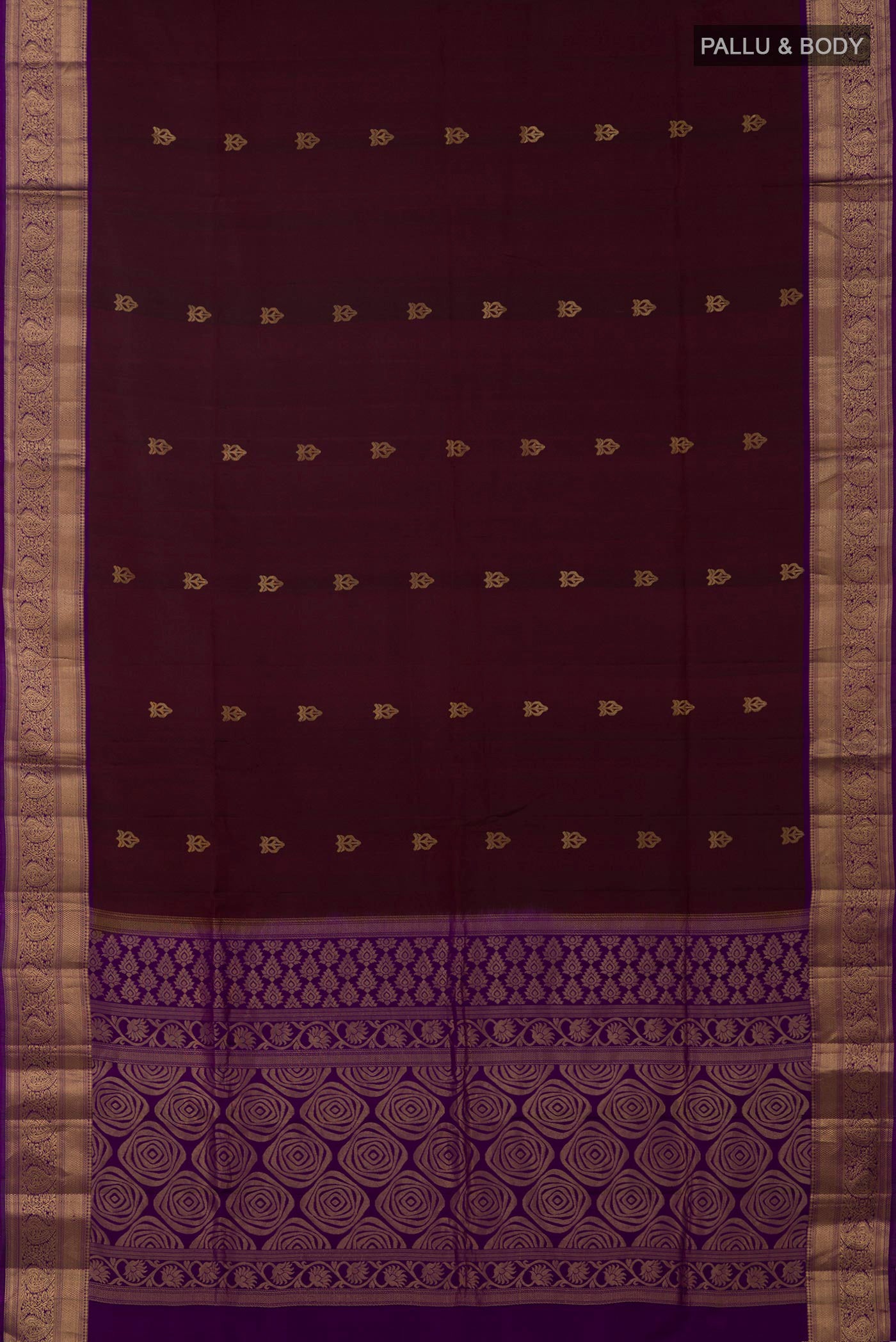 Flat view of Coffee Brown Soft Silk Saree with Zari Butta on the body and Zari Border. 