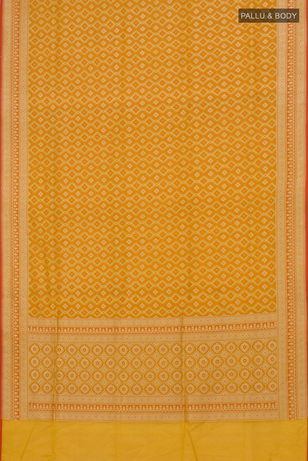 Flat view of Pure Silk Yellow Banarasi Saree with Jacquard With Zari Butta on the body and Zari Border. 