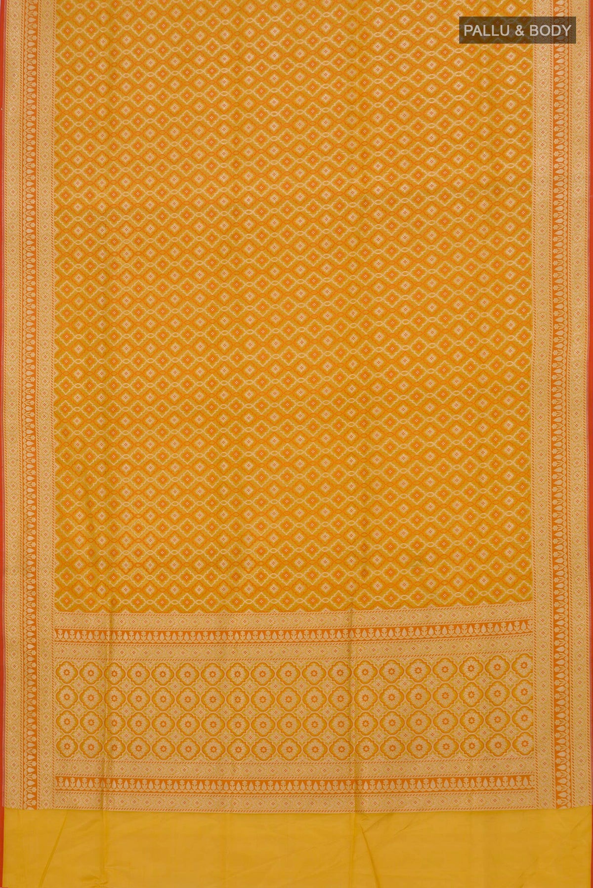 Flat view of Pure Silk Yellow Banarasi Saree with Jacquard With Zari Butta on the body and Zari Border. 