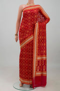Red Banarasi Silk Saree with Zari And Thread Butta on the body and Zari Border.  displayed on a mannequin