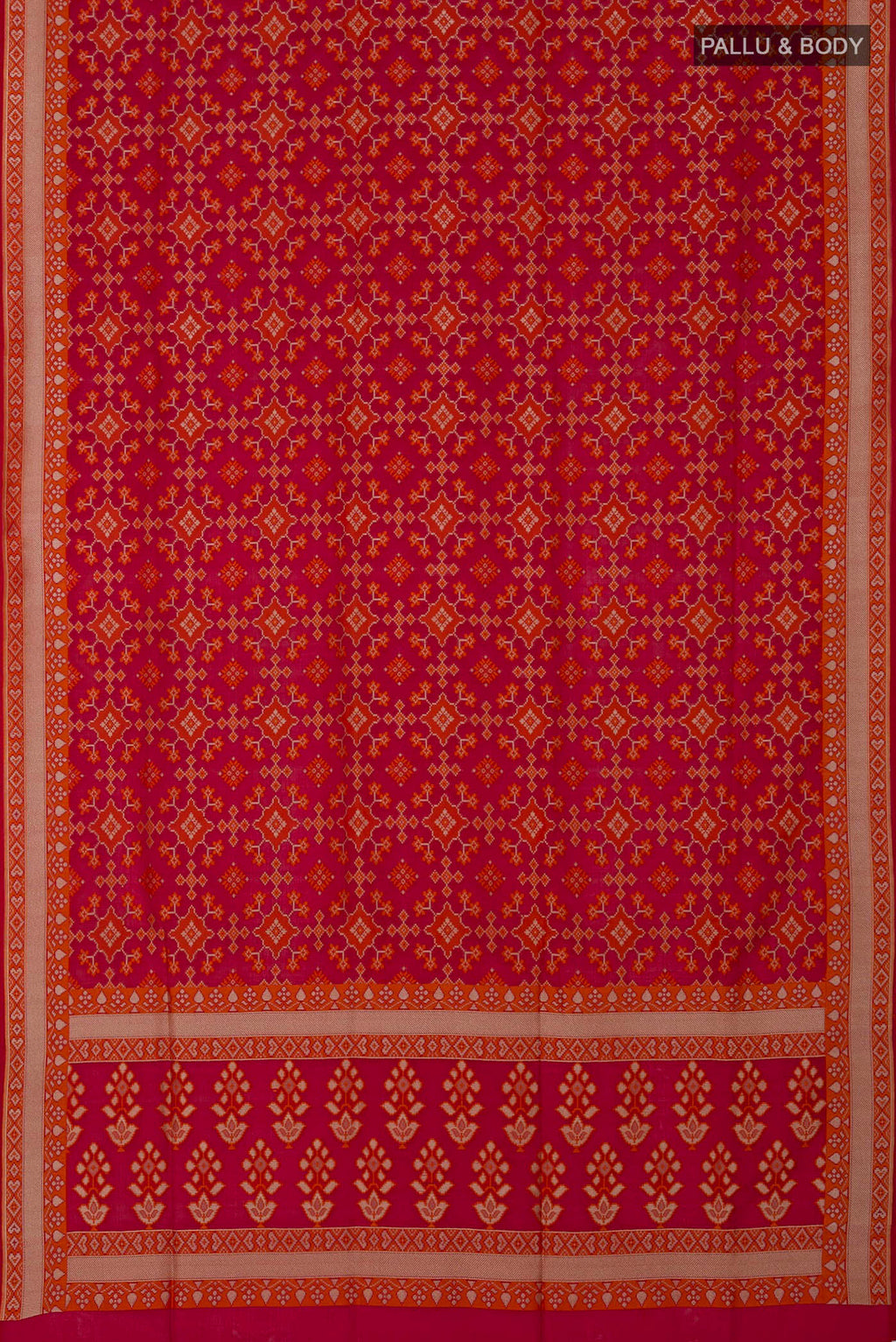 Flat view of Red Banarasi Silk Saree with Zari And Thread Butta on the body and Zari Border. 