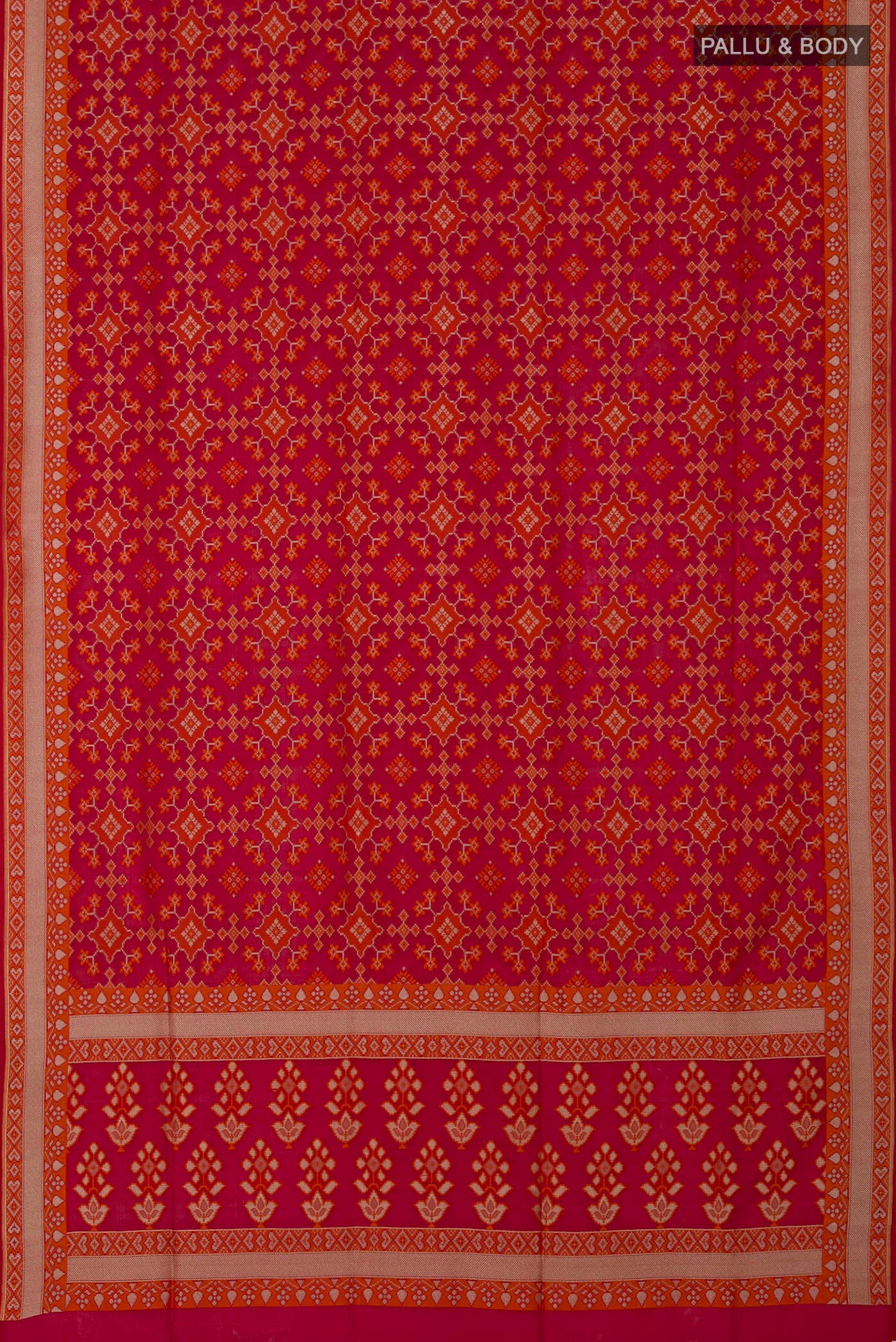 Flat view of Red Banarasi Silk Saree with Zari And Thread Butta on the body and Zari Border. 