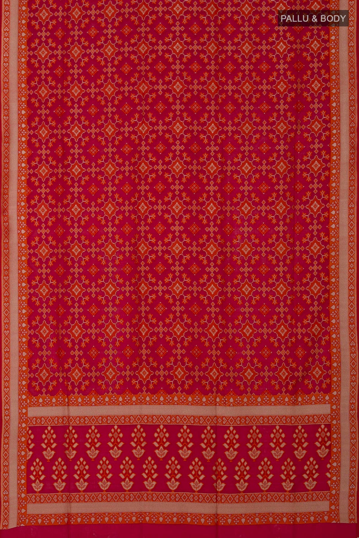 Flat view of Red Banarasi Silk Saree with Zari And Thread Butta on the body and Zari Border. 