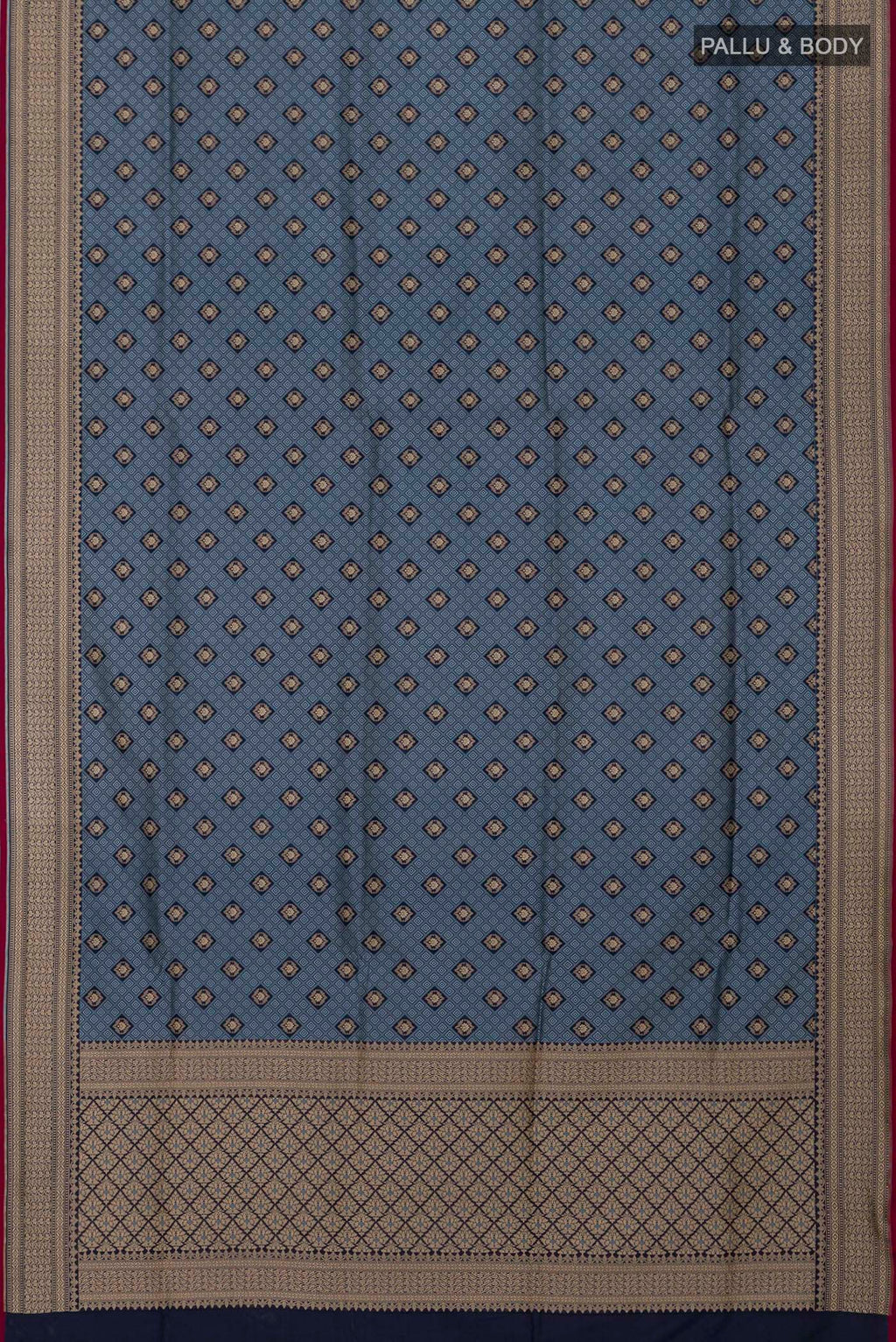 Flat view of Grey Banarasi Silk Saree with Jacquard With Zari Butta on the body and Zari Border. 