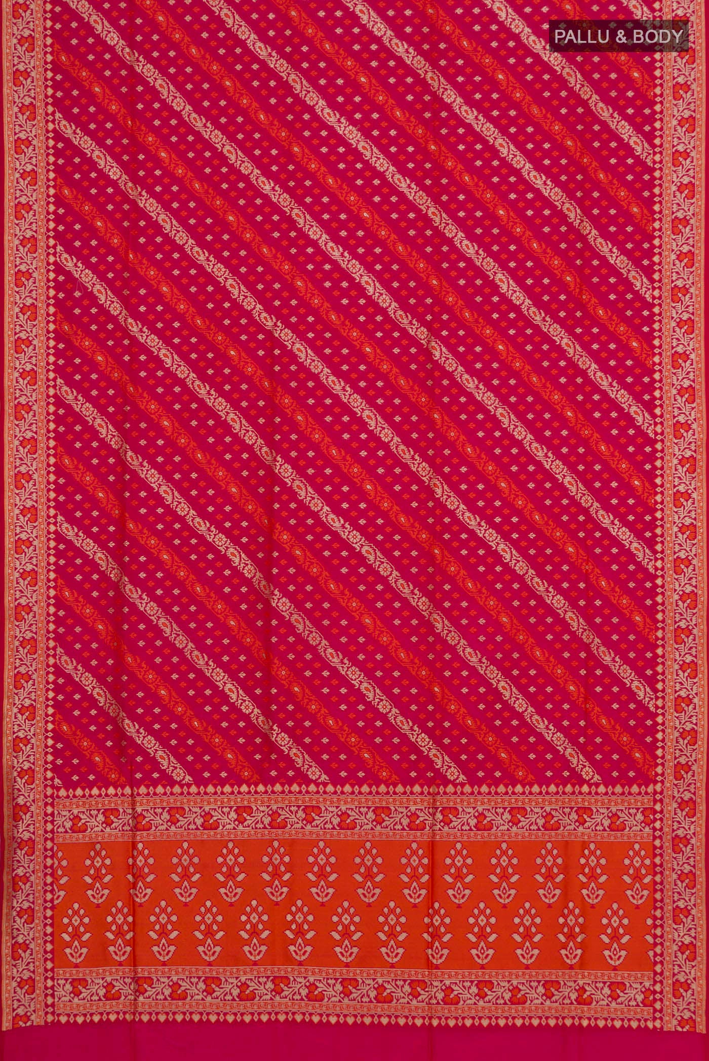 Flat view of Pink Banarasi Silk Saree with Zari And Thread Butta on the body and Zari Border. 
