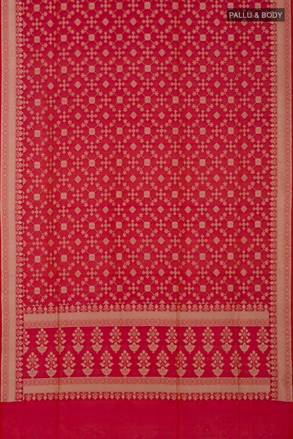 Flat view of Pink Banarasi Silk Saree with Zari Butta on the body and Zari Border. 