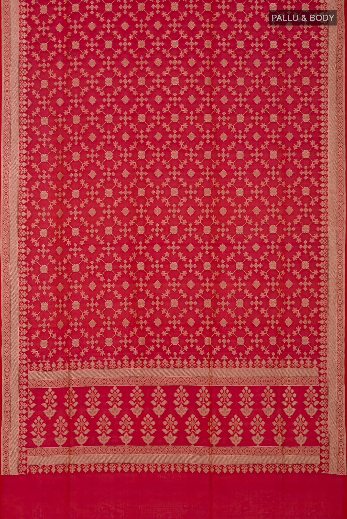 Flat view of Pink Banarasi Silk Saree with Zari Butta on the body and Zari Border. 