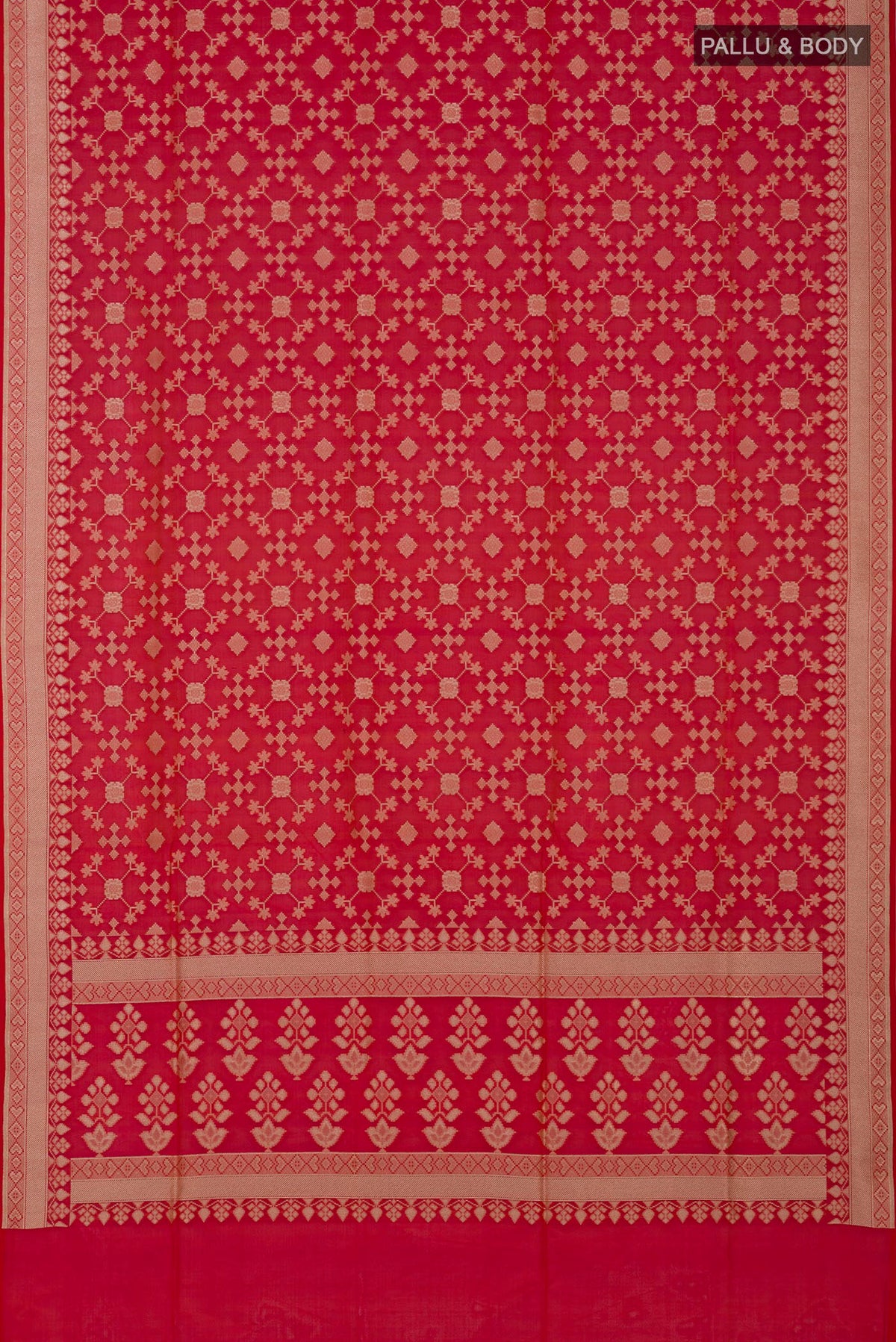Flat view of Pink Banarasi Silk Saree with Zari Butta on the body and Zari Border. 