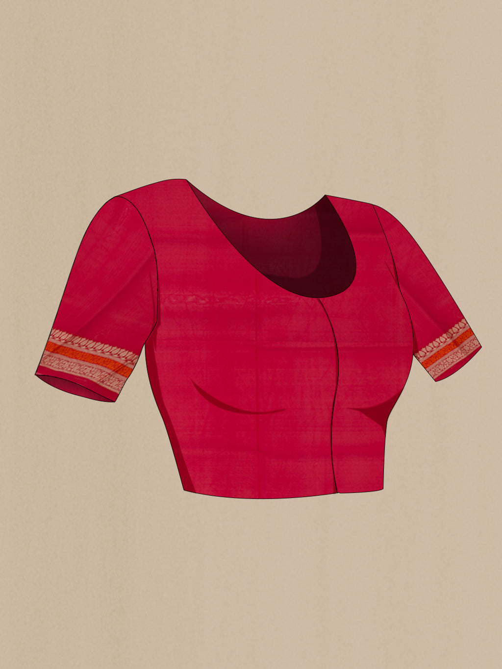 Close up image of the blouse of Red Banarasi Silk Saree with Thread Butta on the body and Thread Border. 