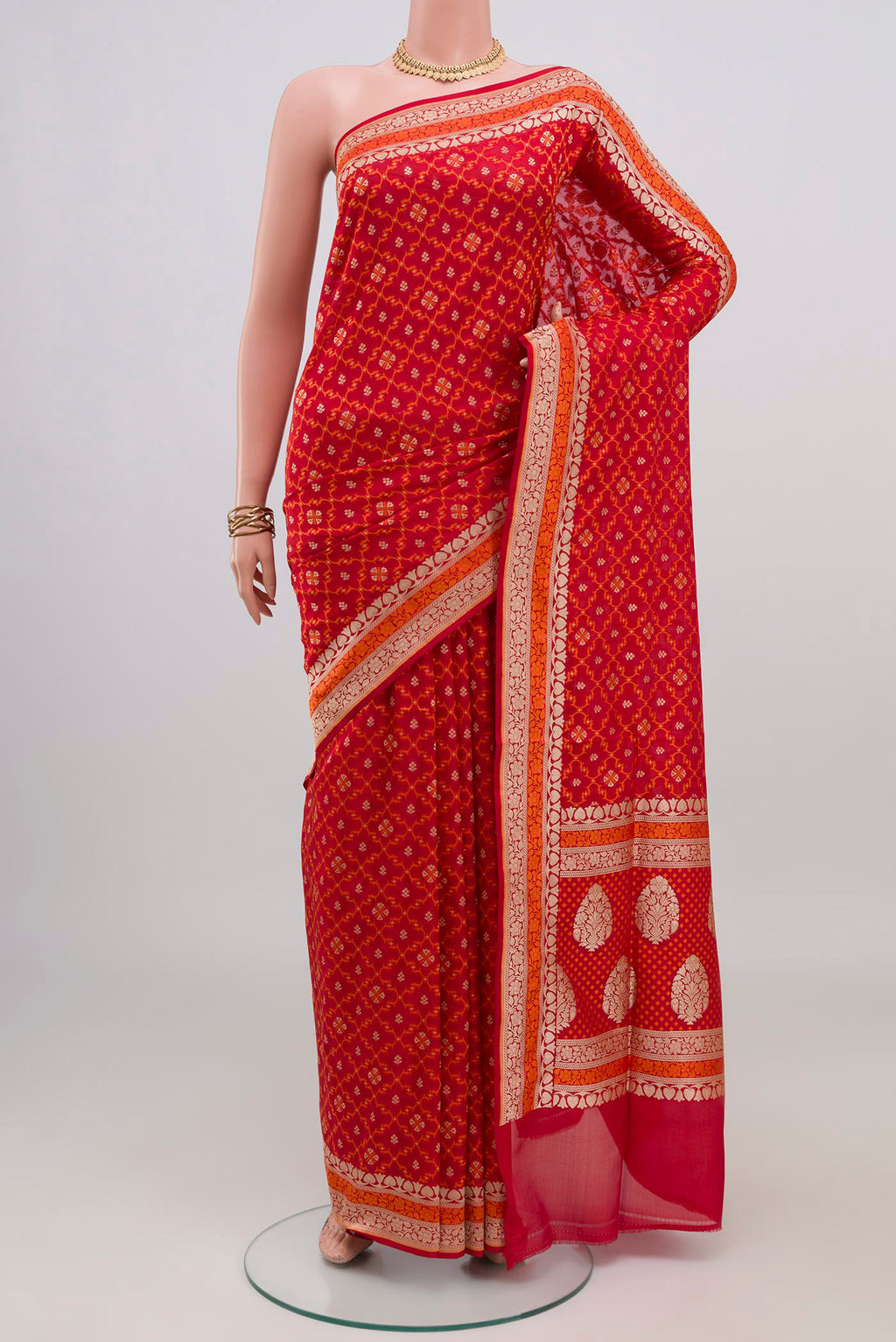 Red Banarasi Silk Saree with Thread Butta on the body and Thread Border.  displayed on a mannequin