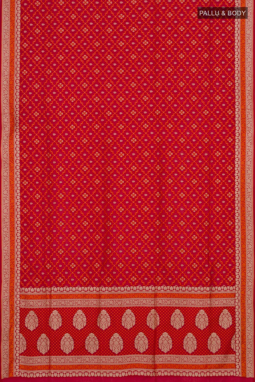 Flat view of Red Banarasi Silk Saree with Thread Butta on the body and Thread Border. 
