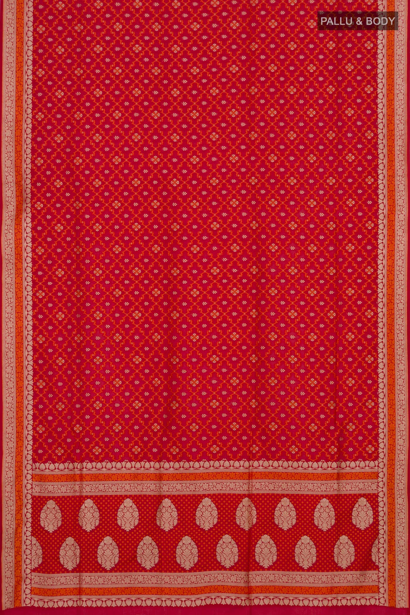 Flat view of Red Banarasi Silk Saree with Thread Butta on the body and Thread Border. 