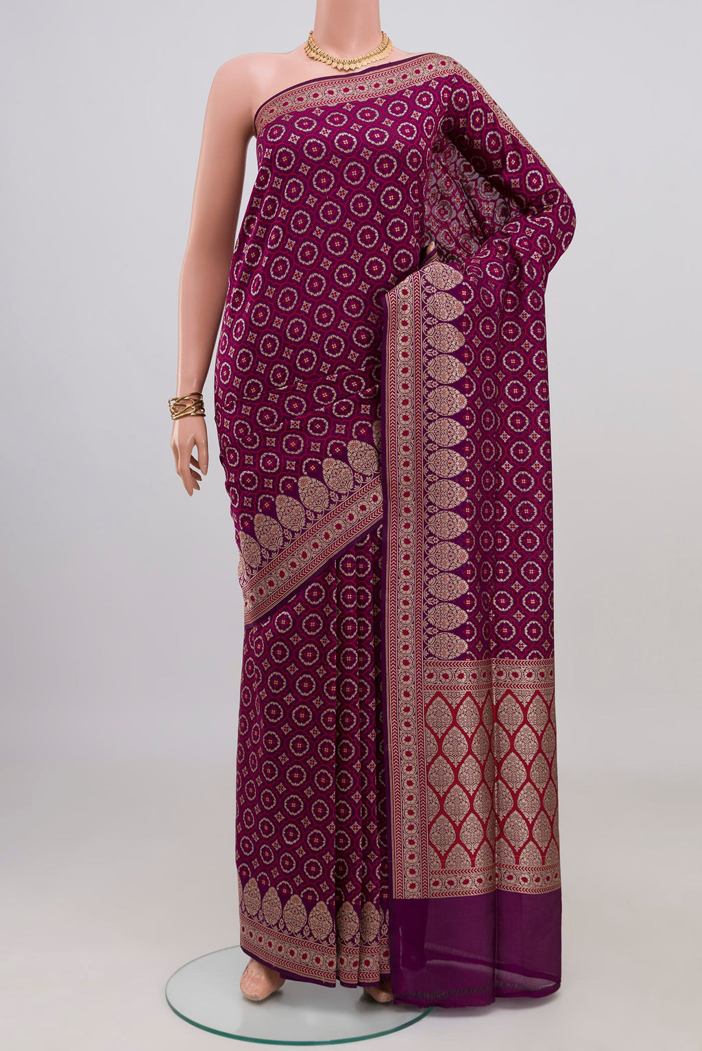 Purple Banarasi Silk Saree with Jacquard With Zari Butta on the body and Zari Border.  displayed on a mannequin