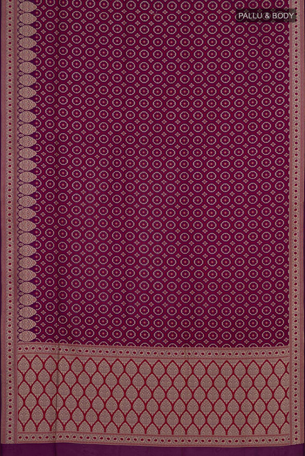 Flat view of Purple Banarasi Silk Saree with Jacquard With Zari Butta on the body and Zari Border. 
